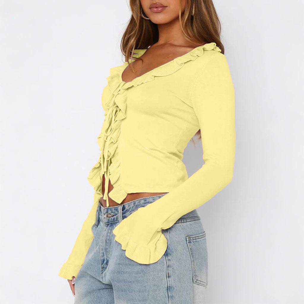 Cardigan en maille fine à volants cintré pour femmes avec lien à nouer, décolleté en V et manches à volants Echo Archiv