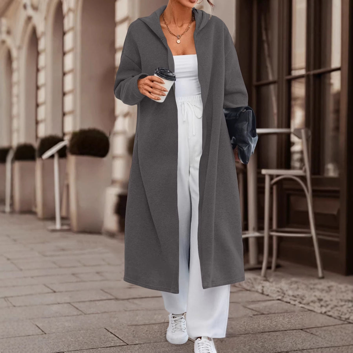 Manteau long oversize à capuche pour femmes avec devant ouvert et doux en polaire Echoarchiv