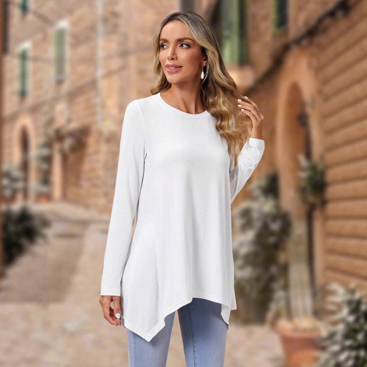 Tunique longue A-ligne pour femmes avec col rond et ourlet asymétrique Echoarchiv