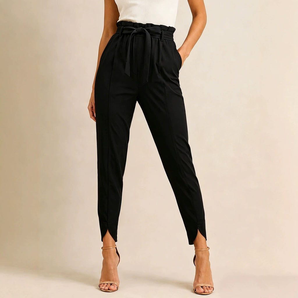 Pantalon paperbag taille haute pour femmes avec ceinture à nouer et finition cheville fendue Echo Archiv