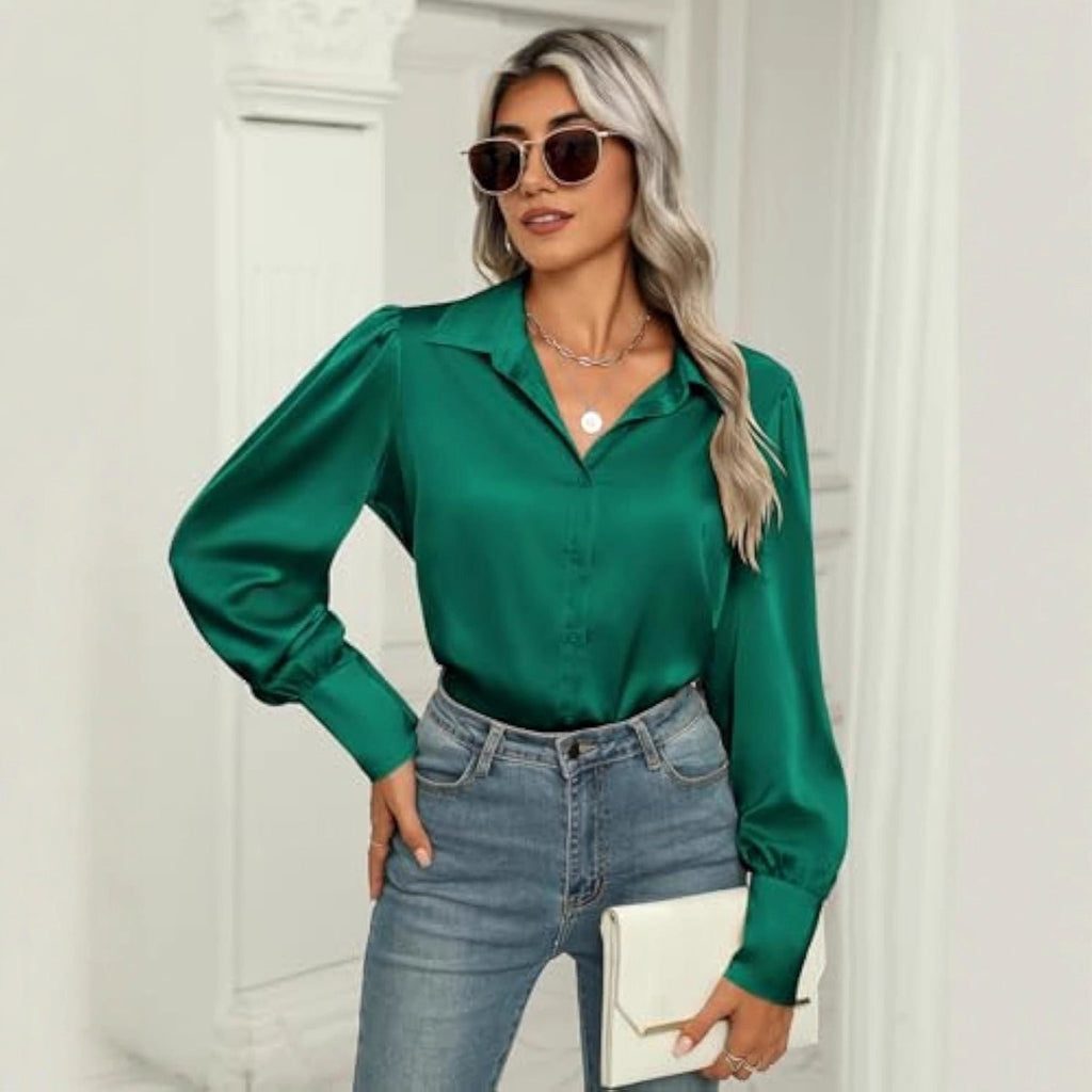 Blouse en satin pour femmes avec col chemise, patte de boutonnage cachée et manches longues