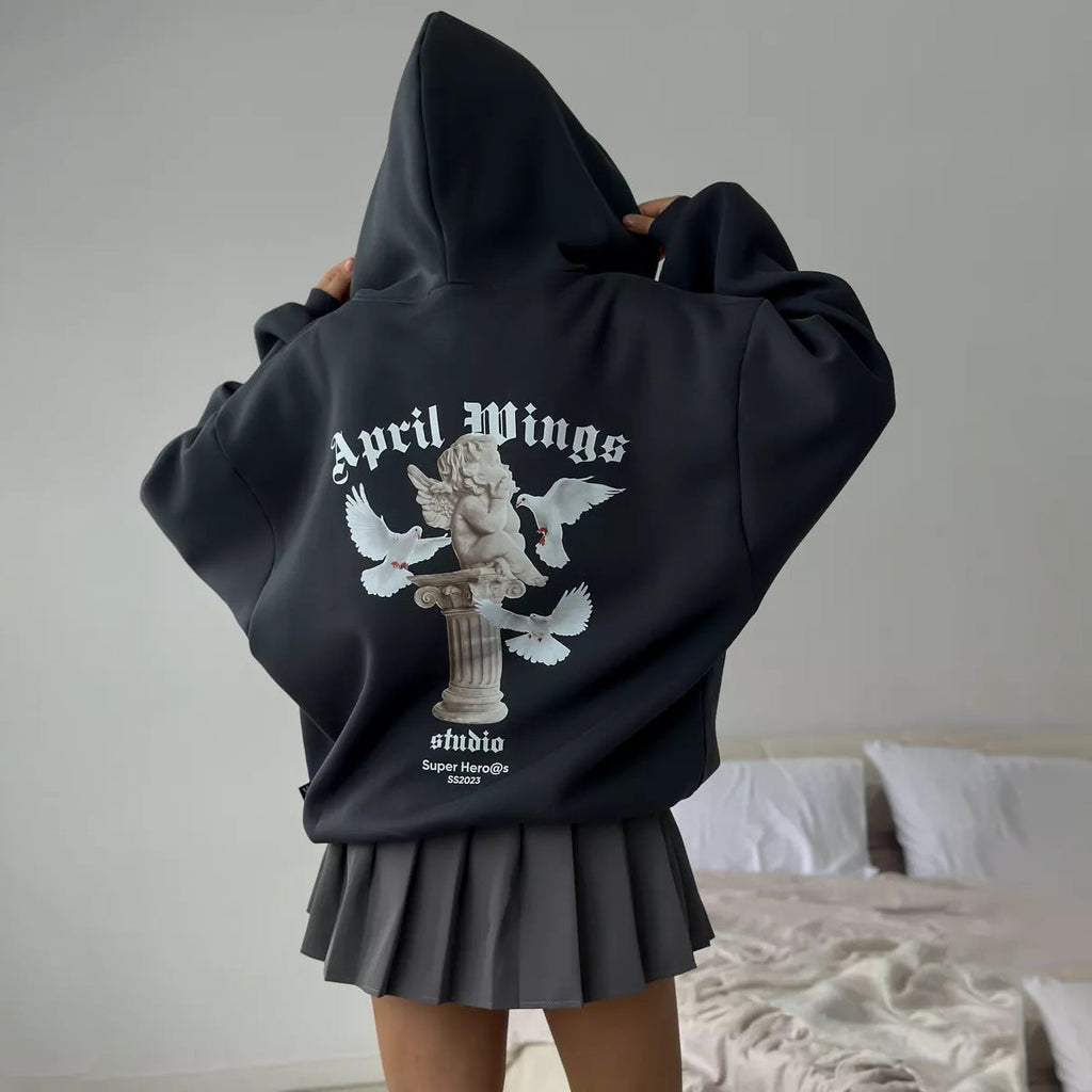 Sweat à capuche oversized pour femmes avec impression d'ange et impression artistique au dos
