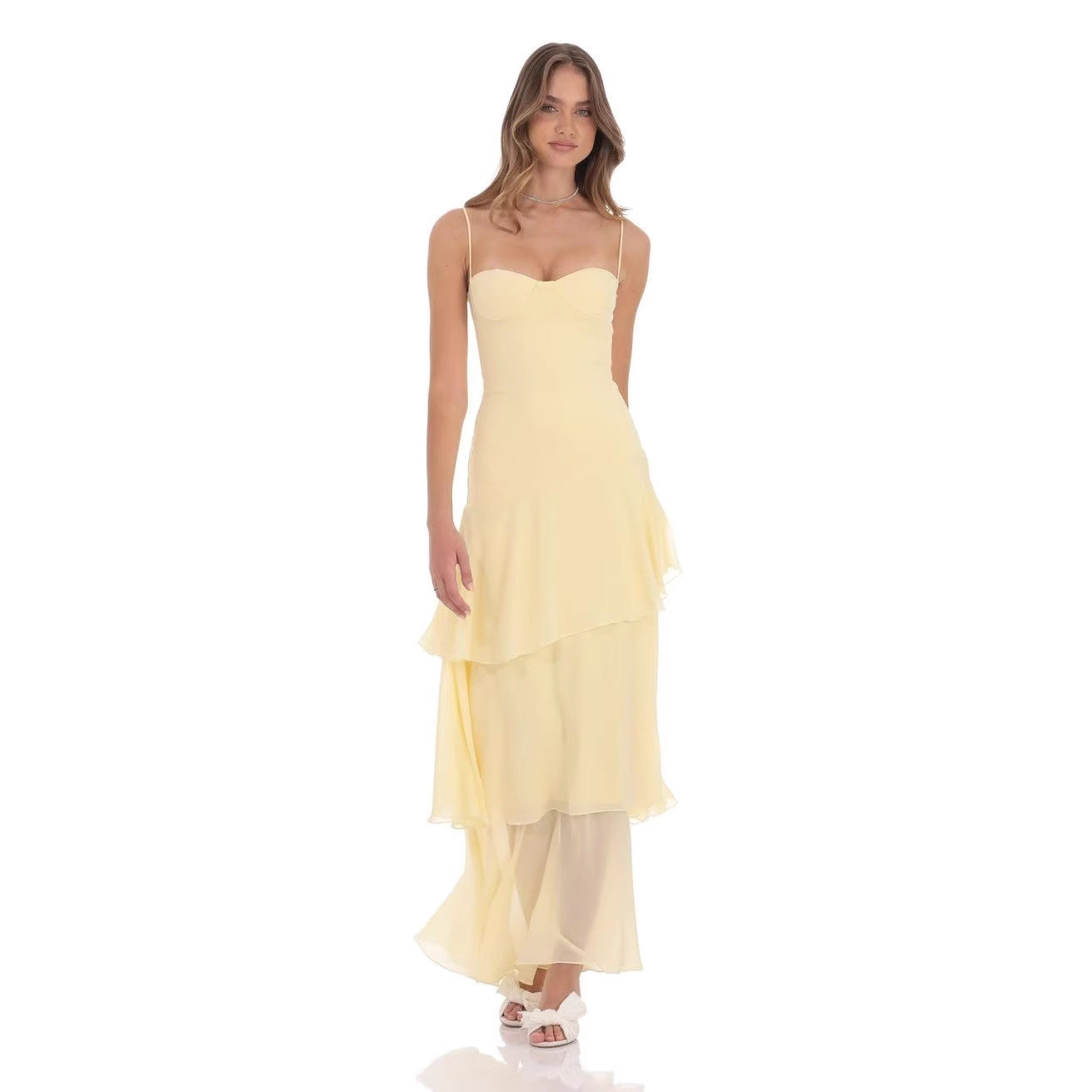 Robe maxi à volants pour femmes avec décolleté en cœur et fines bretelles spaghetti R&B
