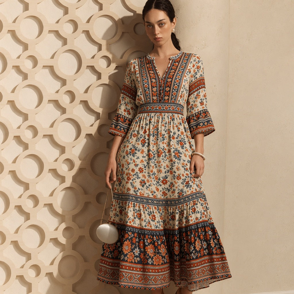 Robe maxi Boho longue pour femmes avec décolleté en V, taille froncée et jupe à volants Echo Archiv