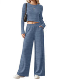 Ensemble Lounge en Tricot Fins Côtelé pour Femmes avec Top à Manches Longues Court et Pantalon Palazzo Taille Haute Echoarchiv