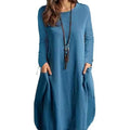 Robe longue en lin à coupe A pour femmes avec poches et col rond Echoarchiv