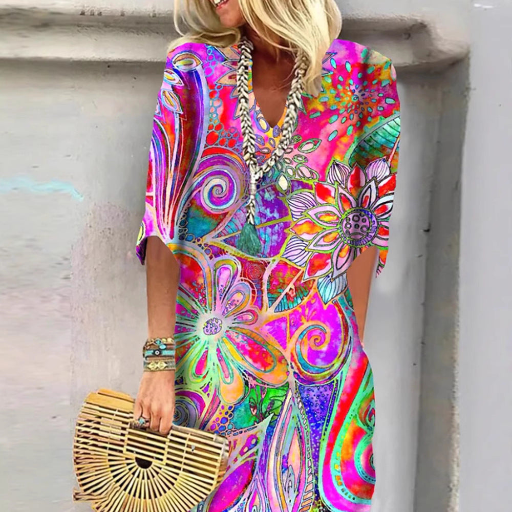 Robe Kaftan Boho légère pour femme avec décolleté en V, silhouette décontractée et manches trois-quarts R&B