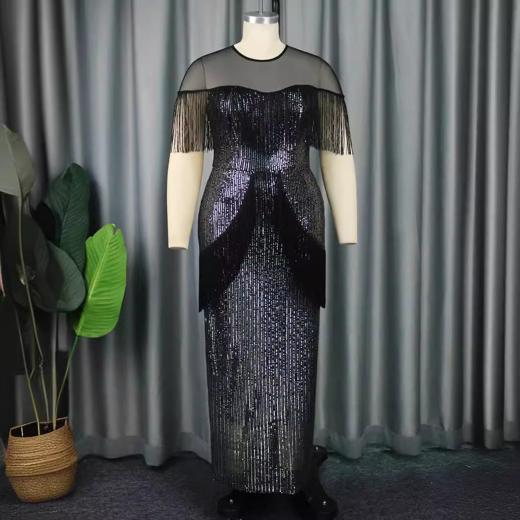 Robe de soirée glamour pour femmes avec franges et tissu scintillant R&B