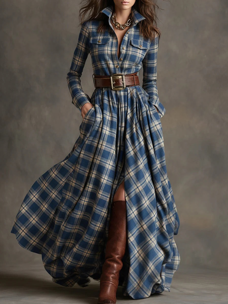 Robe Maxi à Carreaux pour Femmes avec Haut de Chemise, Taille Cintrée et Poches Latérales Echoarchiv