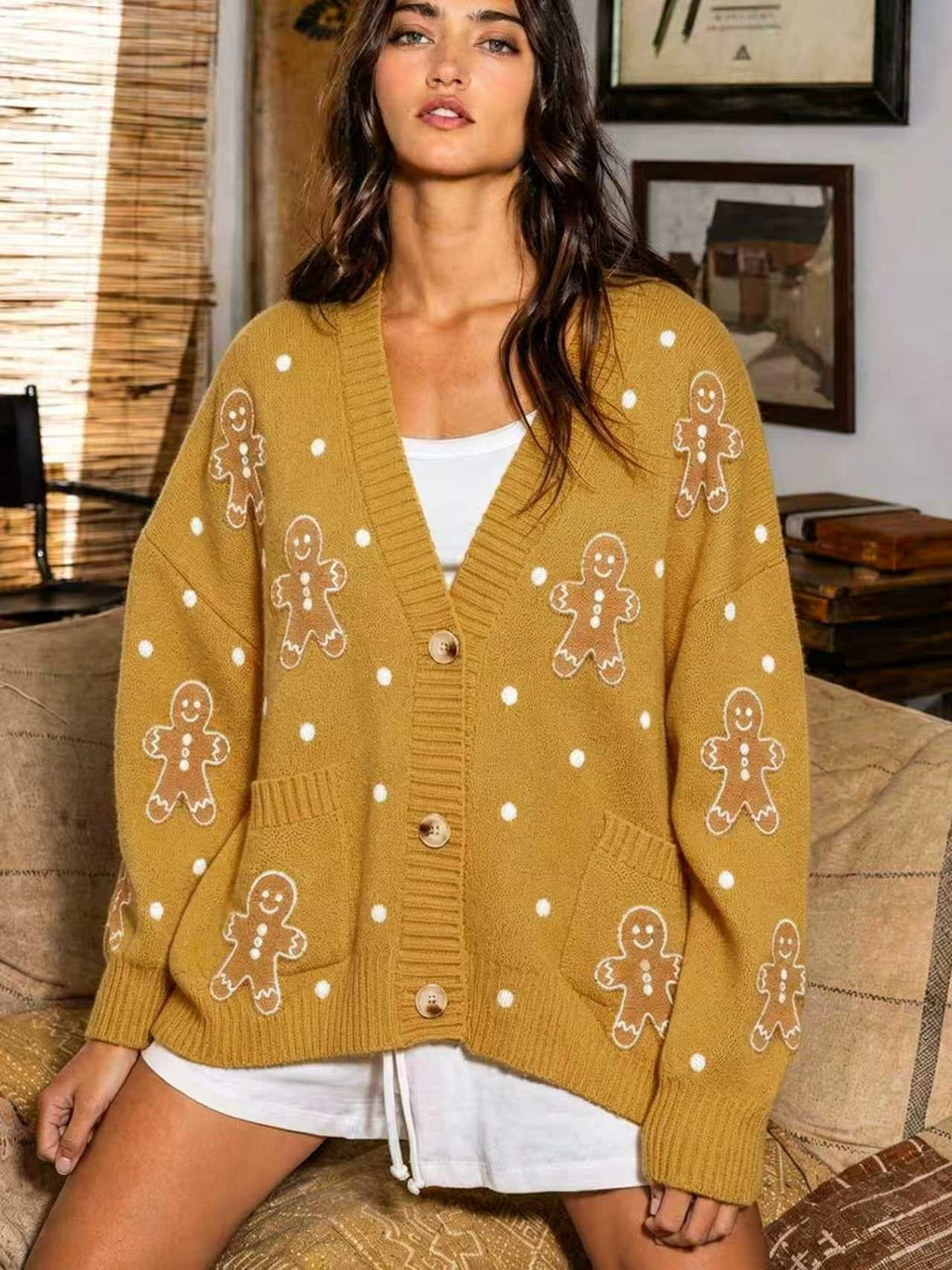 Cardigan en tricot oversized pour femmes avec broderie de pain d'épice et décolleté en V profond Echo Archiv