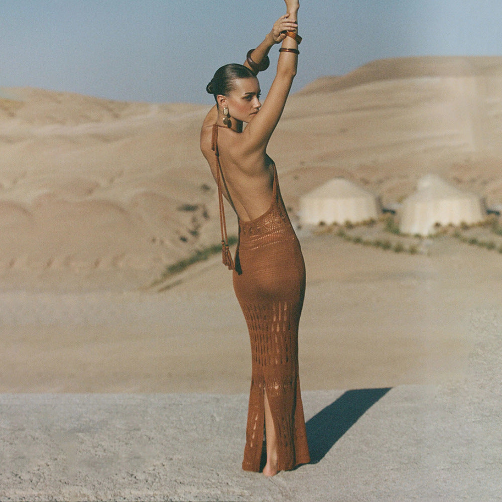 Robe maxi en crochet élégante pour femmes avec décolleté plongeant R&B