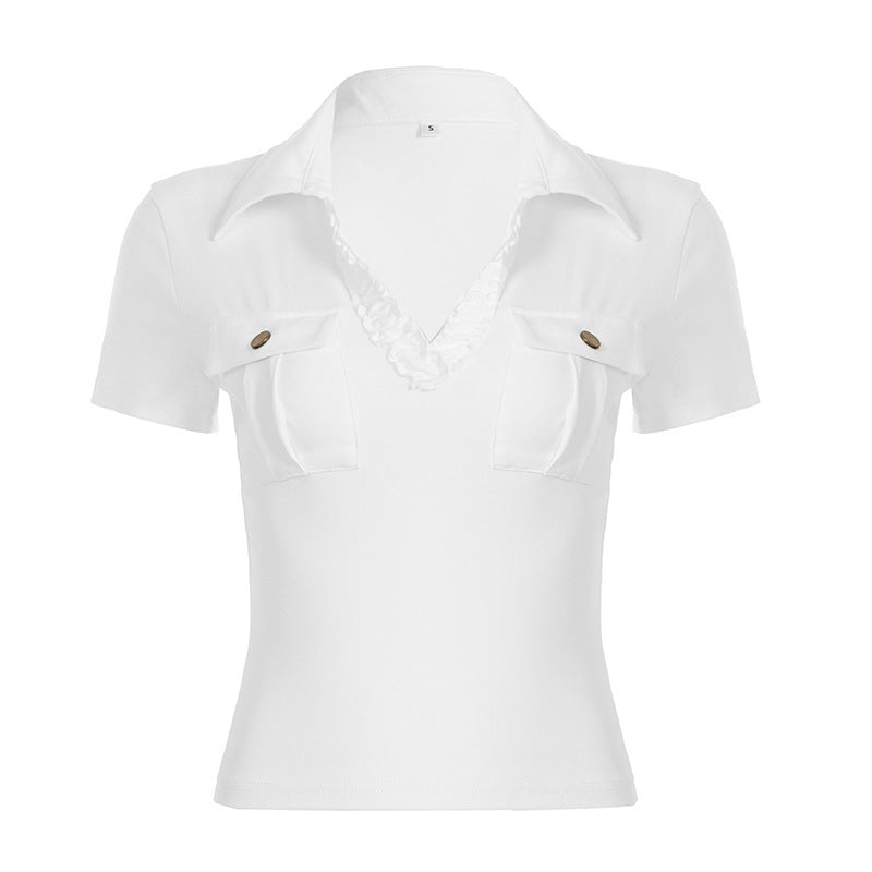 Polo décontracté pour femmes avec col décoratif et poches R&B