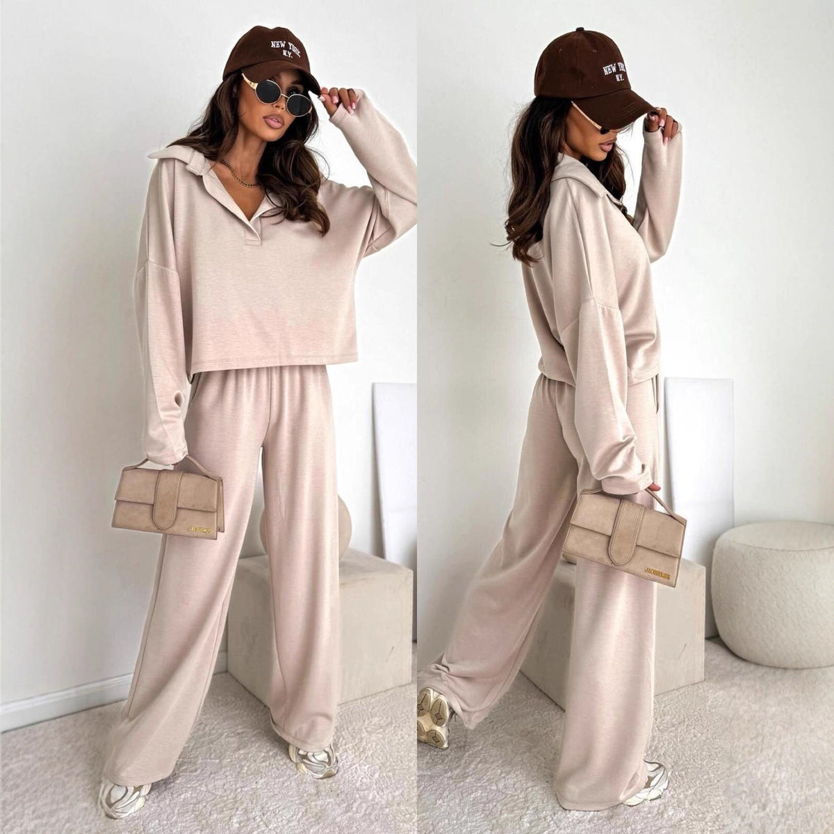 Ensemble de loungewear pour femmes avec col chemise - Sweatshirt court et pantalon palazzo large Echo Archiv