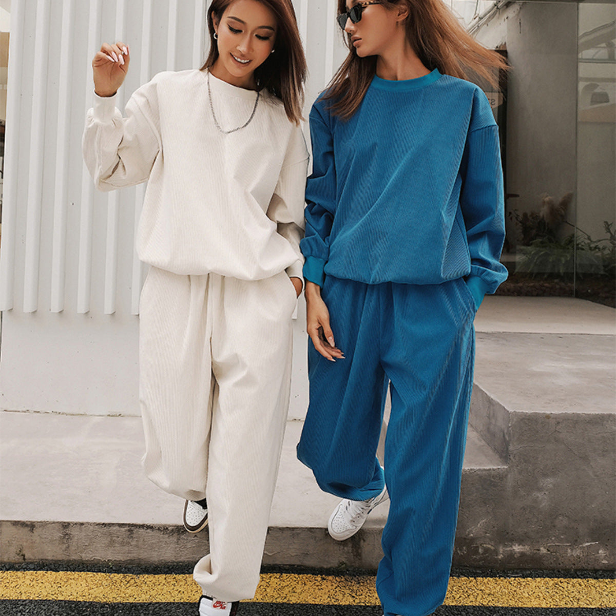 Ensemble Lounge Oversize Femme en Jersey Texturé avec Col Rond et Pantalon Élastique