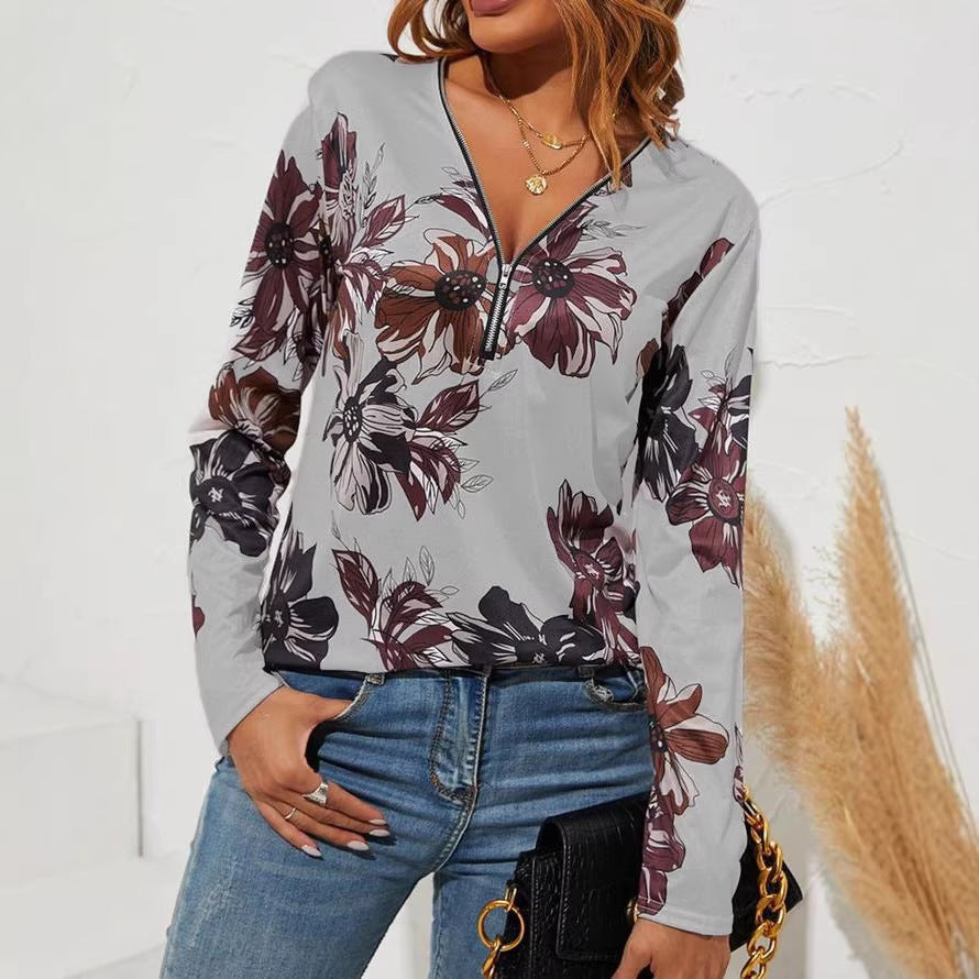 T-shirt à manches longues pour femmes avec fermeture éclair en V et grand motif floral Echoarchiv