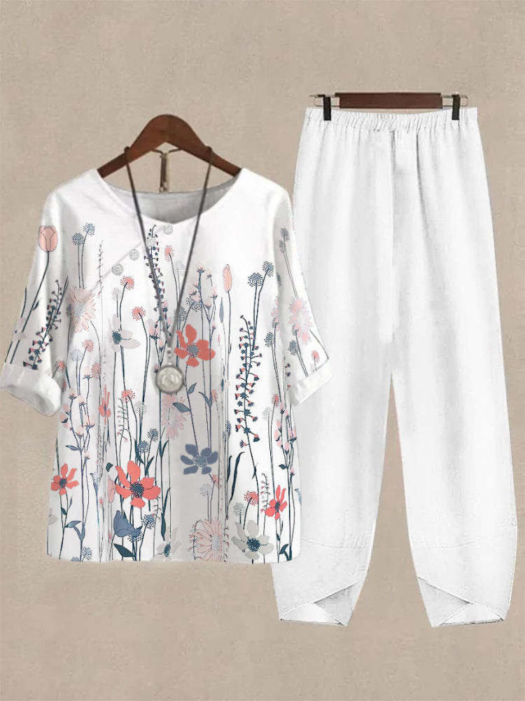 Haut de loisirs pour femmes avec motif floral et pantalon confortable R&B