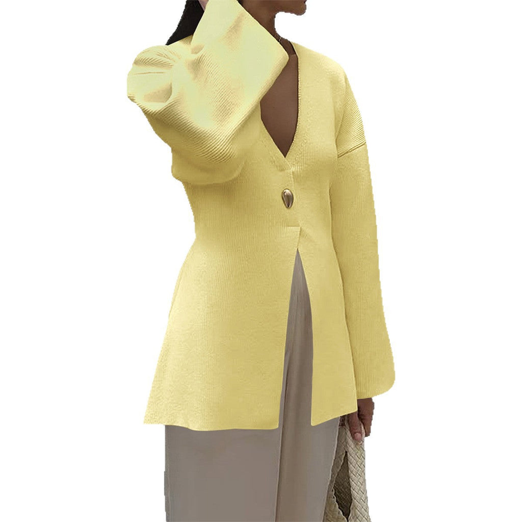 Cardigan fin ajusté pour dames avec décolleté en V, bouton décoratif et fente frontale Echo Archiv