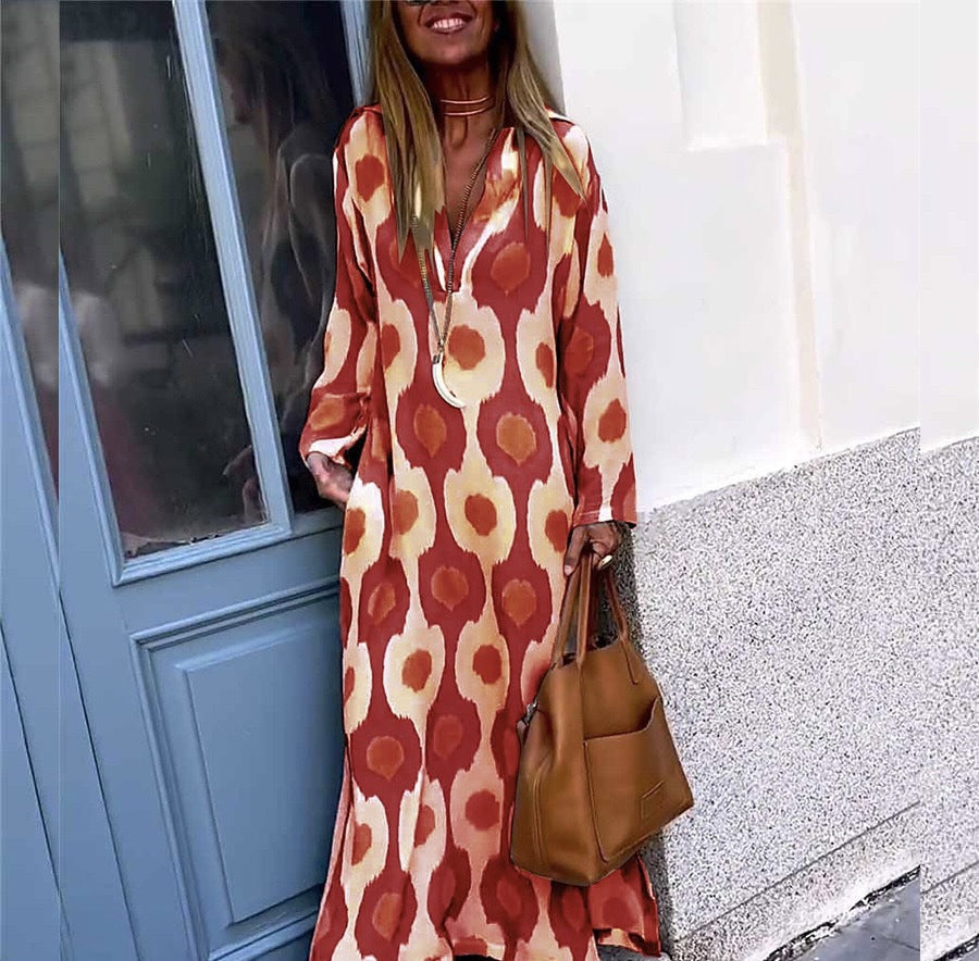 Robe maxi Boho longue pour femmes avec décolleté en V, coupe décontractée et imprimé all-over saisissant Echoarchiv