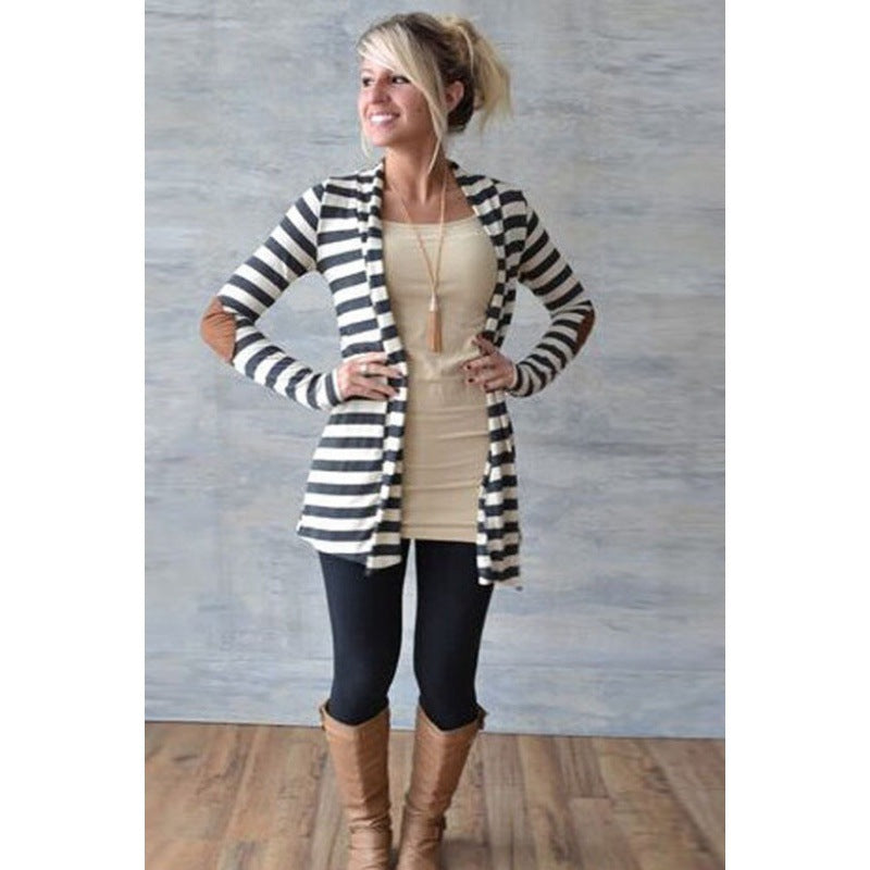 Cardigan long rayé pour femmes avec coupe waterfall ouverte et patches aux coudes Echo Archive
