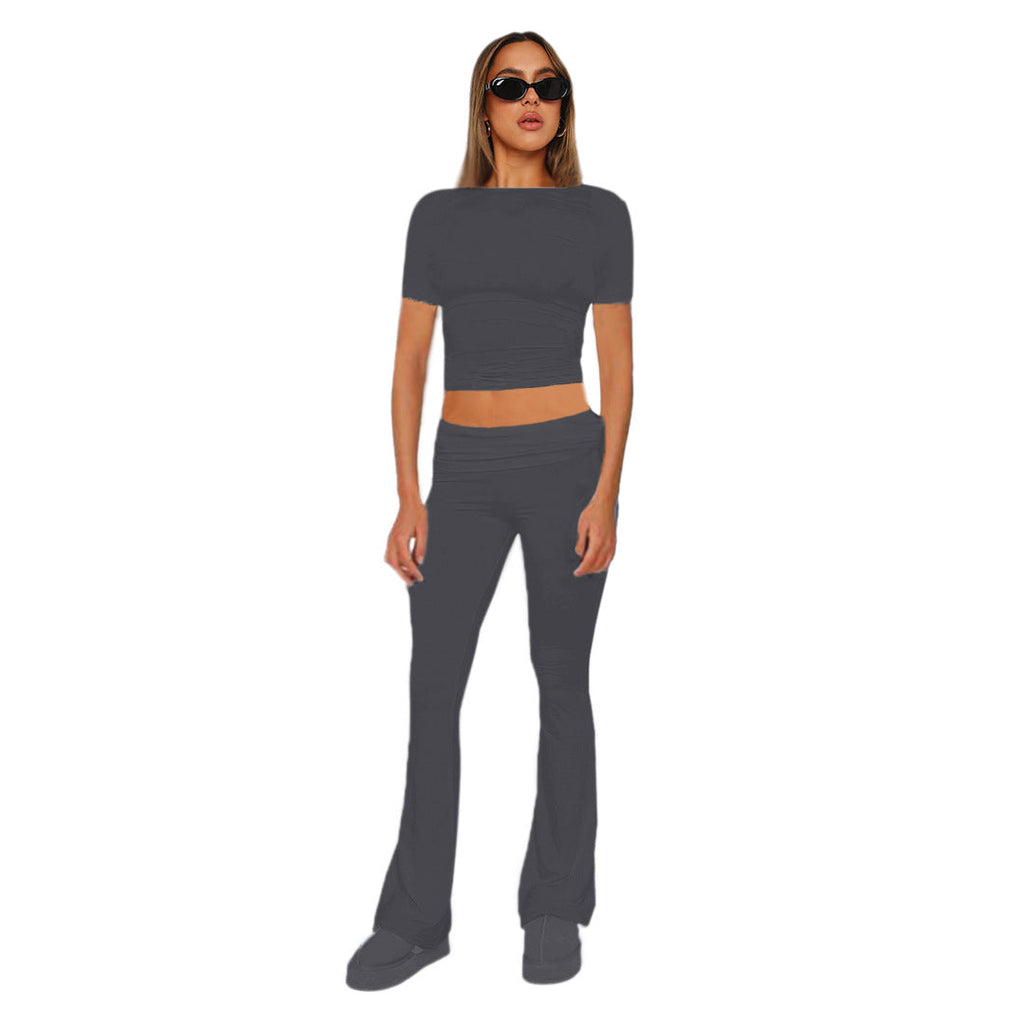 Ensemble femme crop en jersey stretch avec pantalon taille haute évasé Echoarchiv