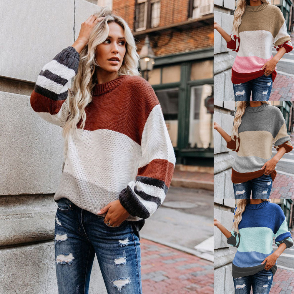 Pull en grosse maille à blocs de couleurs pour femmes avec col à côtes hautes et coupe oversize Echoarchiv