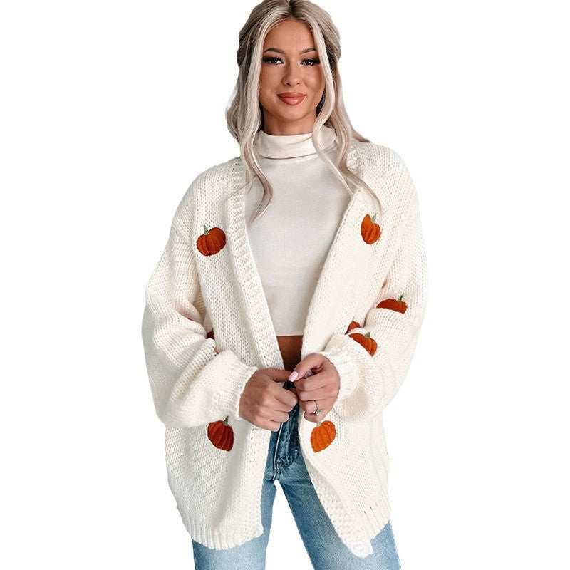 Cardigan en tricot oversized douillet pour femmes avec broderie de citrouille Echoarchiv