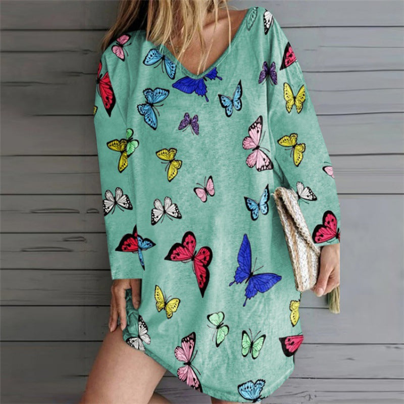 Robe tunique oversize pour femmes avec décolleté en V et imprimé papillon Echo Archive