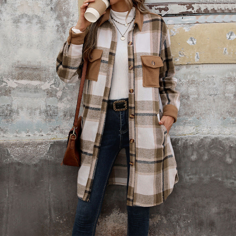 Veste à carreaux pour femme avec poches et boutons, manches longues