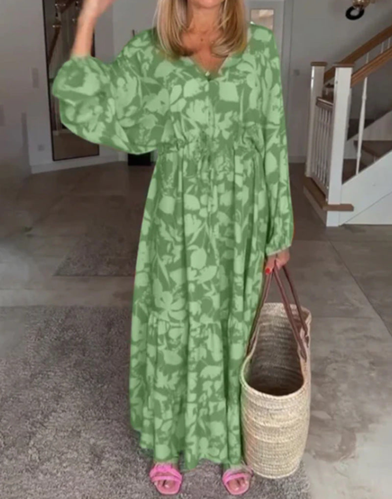 Robe maxi à volants pour femmes avec décolleté en V, taille ajustable et manches ballon R&B