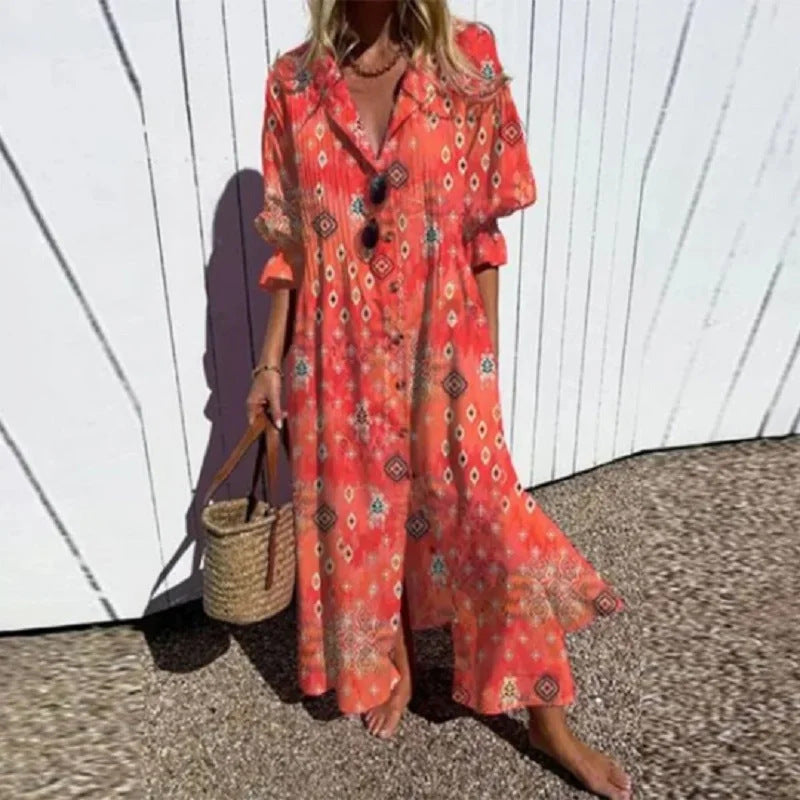 Robe Maxi Fluide pour Femmes avec Boutonnage Intégral, Décolleté en V et Imprimé Ethnique Echoarchiv