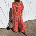 Robe Maxi Fluide pour Femmes avec Boutonnage Intégral, Décolleté en V et Imprimé Ethnique Echoarchiv