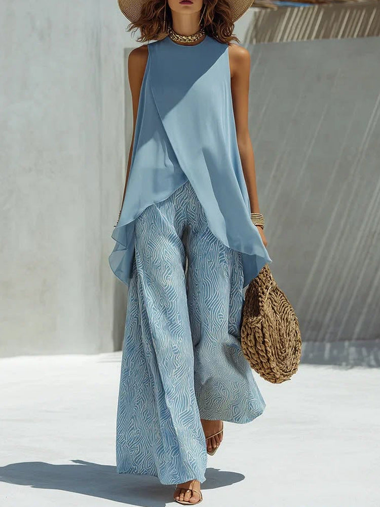 Ensemble élégant et léger pour femmes avec top asymétrique et pantalons larges R&B