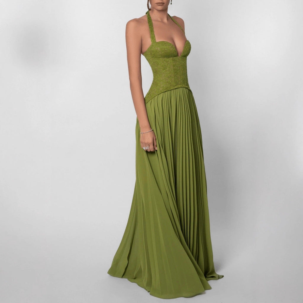 Robe corset à col halter pour femmes avec corsage en dentelle et jupe plissée fluide R&B