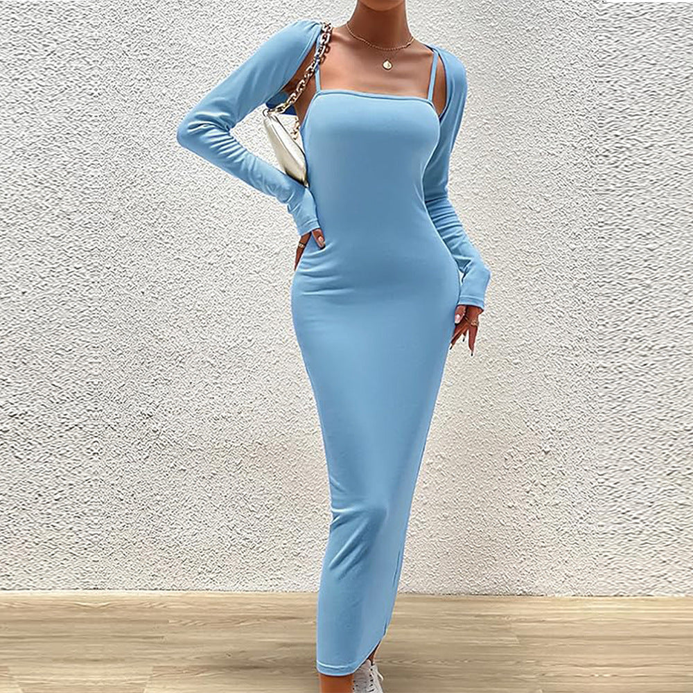 Robe maxi ajustée pour femme avec bretelles spaghetti et manches boléro amovibles