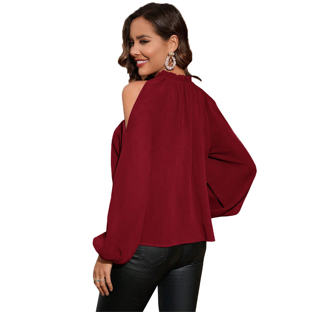 Chemisier en chiffon sans manches pour femmes avec col montant froncé et manches ballon