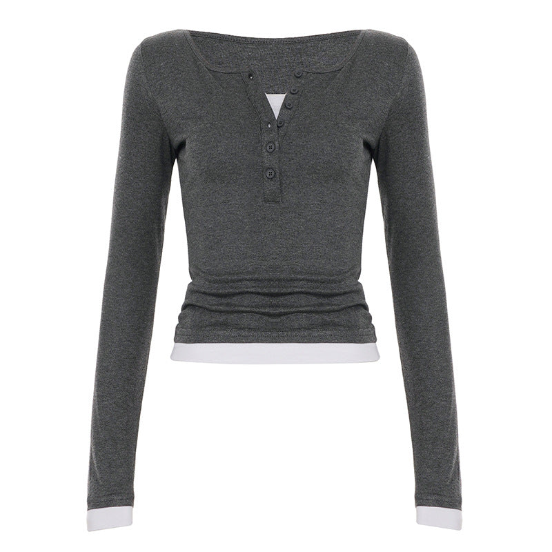 T-shirt Henley cropped ajusté pour femmes avec des bords contrastants Echo Archiv