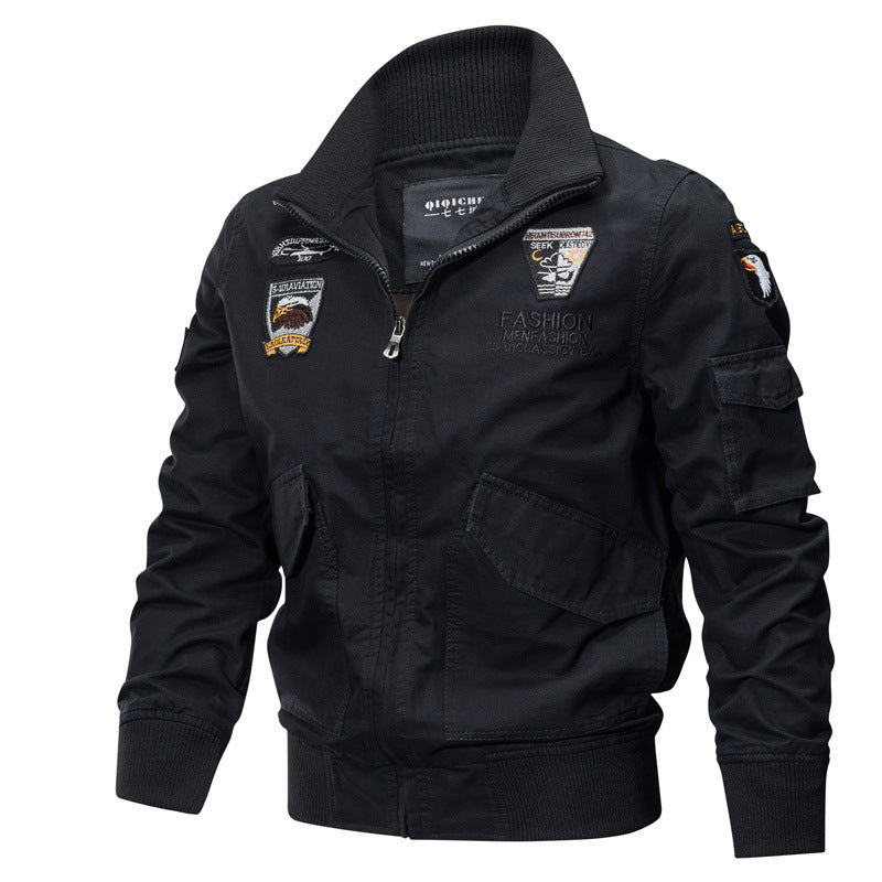 Veste de pilote inspirée vintage pour hommes en toile avec emblèmes brodés, fermeture éclair cachée et poches tactiques Echo Archiv