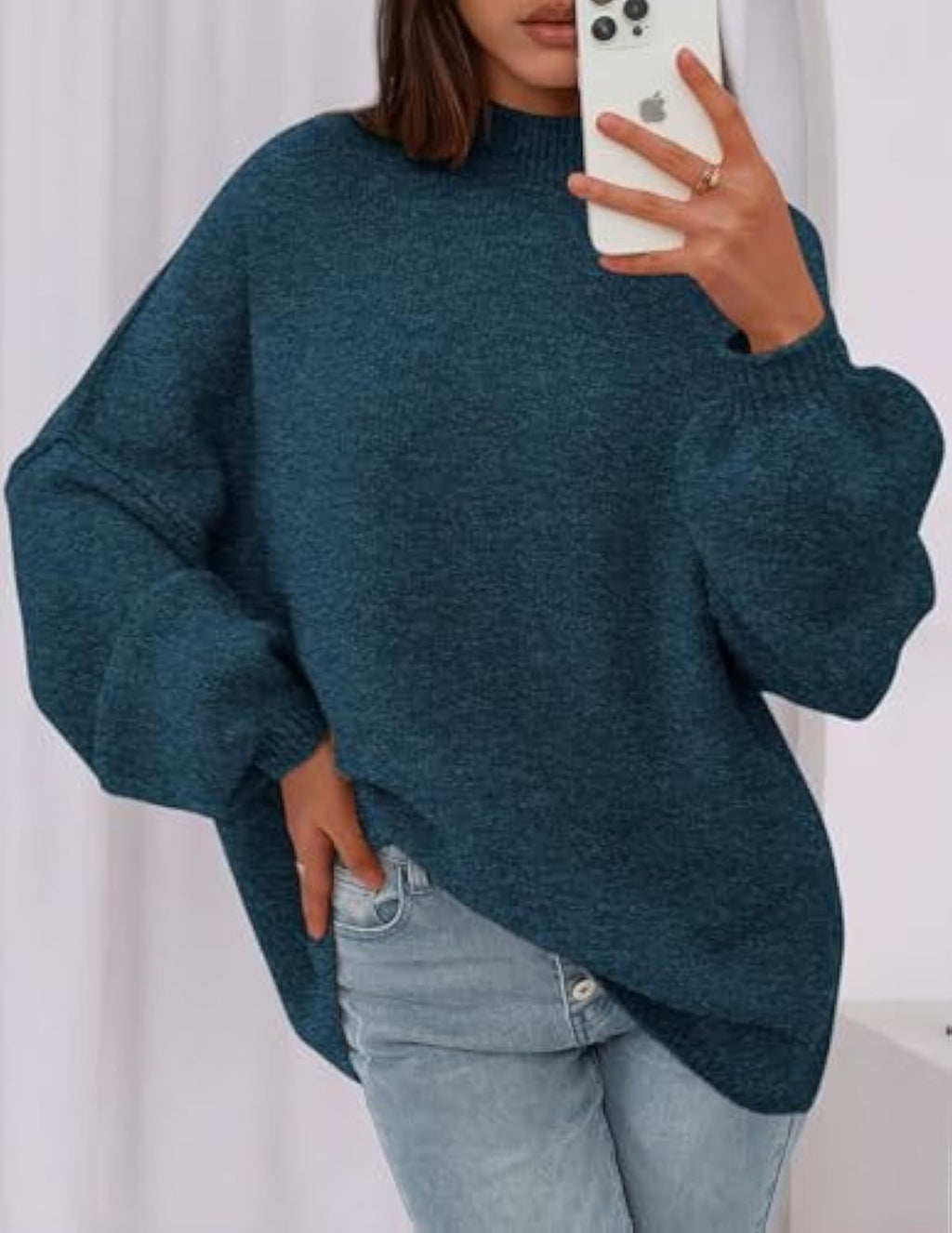 Pull en maille oversize pour femmes avec col montant et manches ballon