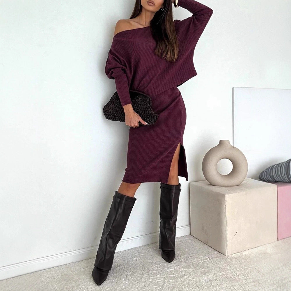 Ensemble en tricot à rayures réversibles pour femmes avec pull oversize à épaules dénudées et jupe midi cintrée avec fente latérale