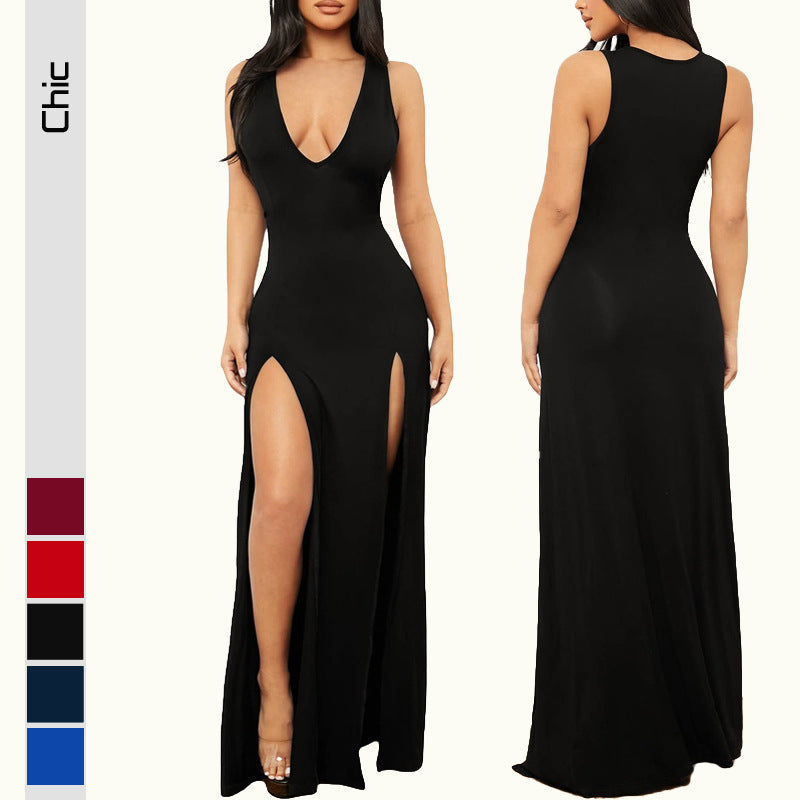 Robe Maxi Élégante pour Femmes avec Décolleté en V Profond et Fentes Latérales R&B