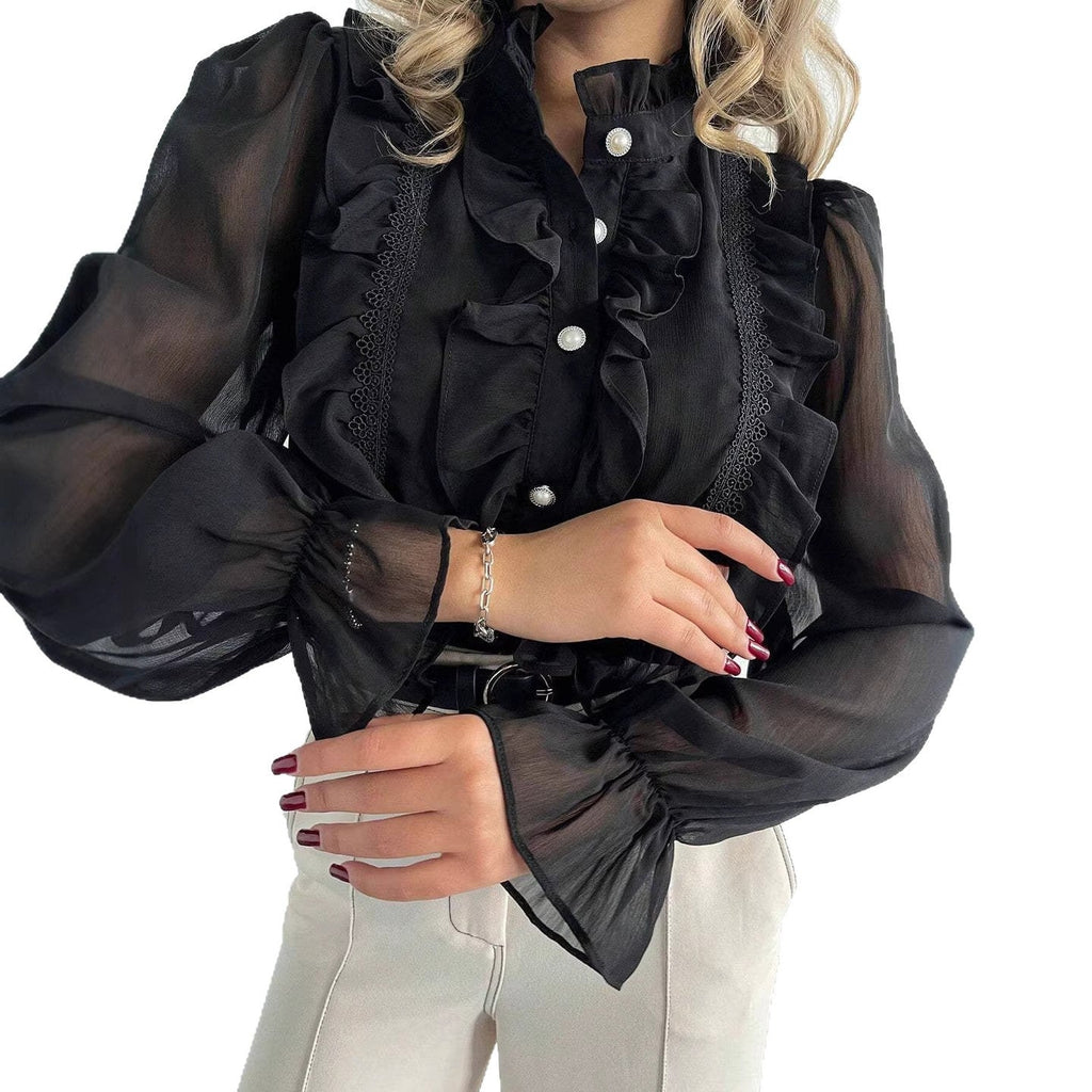 Blouse à volants en chiffon pour femmes avec col montant et boutons en perles