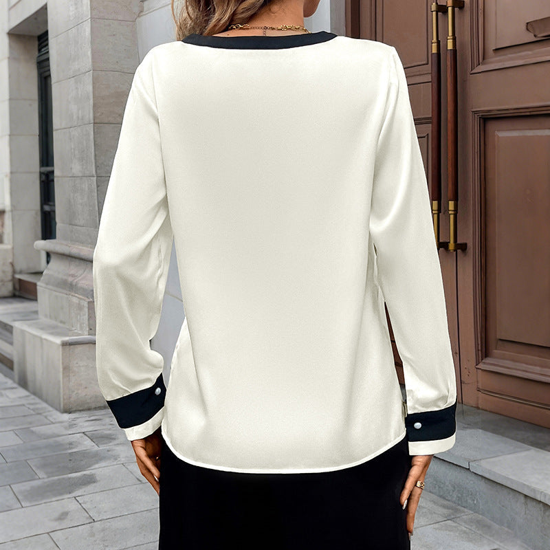 Blouse élégante en aspect soie pour femmes avec décolleté en V contrasté et patte de boutonnage à perles Echoarchiv