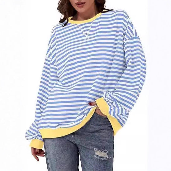 Sweat-shirt à rayures oversize décontracté pour femmes avec manches raglan et bords contrastés Echoarchiv