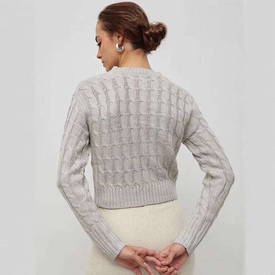 Pull en tricot torsadé pour femmes, coupe courte, col rond et bords côtelés