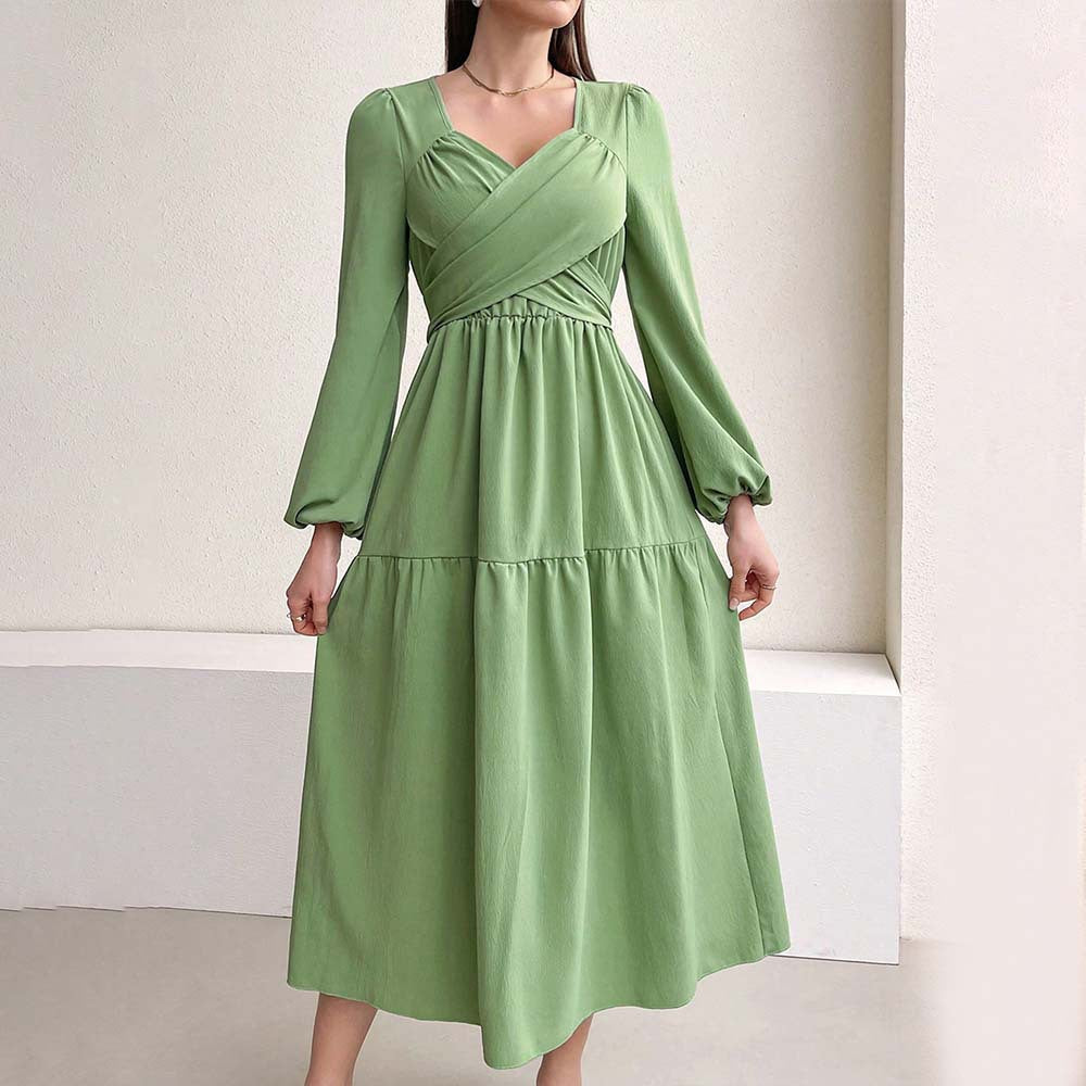 Robe midi à manches longues pour femmes avec bustier drapé croisé, couture élastique sous la poitrine et jupe à volants en deux niveaux