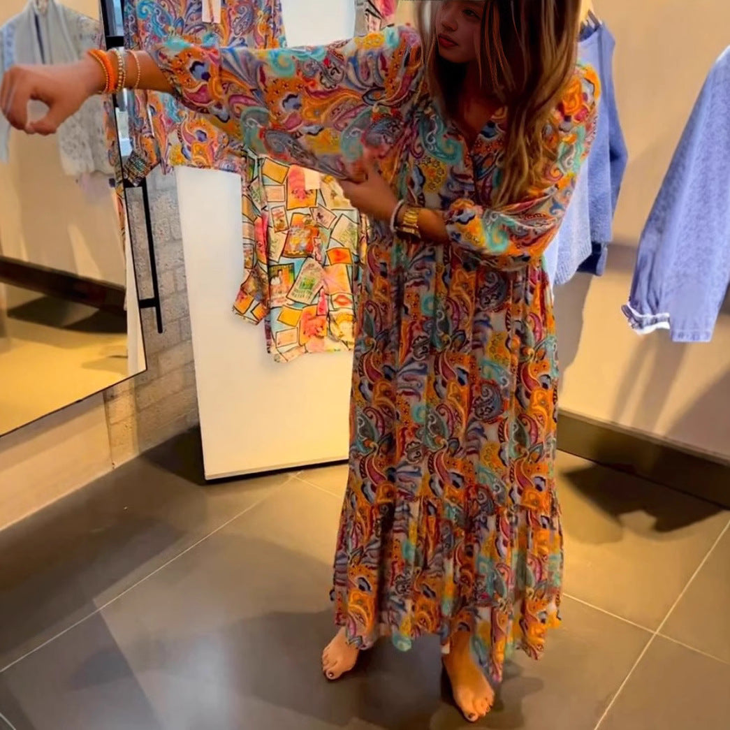 Robe maxi à volants pour femmes en style boho avec imprimé paisley, décolleté en V, taille empire froncée et poignets élastiques R&B