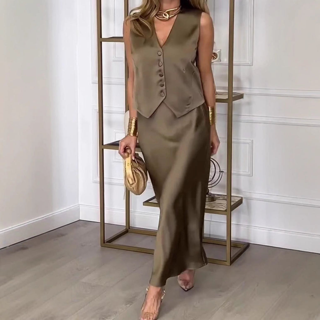 Ensemble Gilet Sans Manches et Jupe Midi Coupe Ajustée Pour Femme | Idéal Pour Occasions et Événements