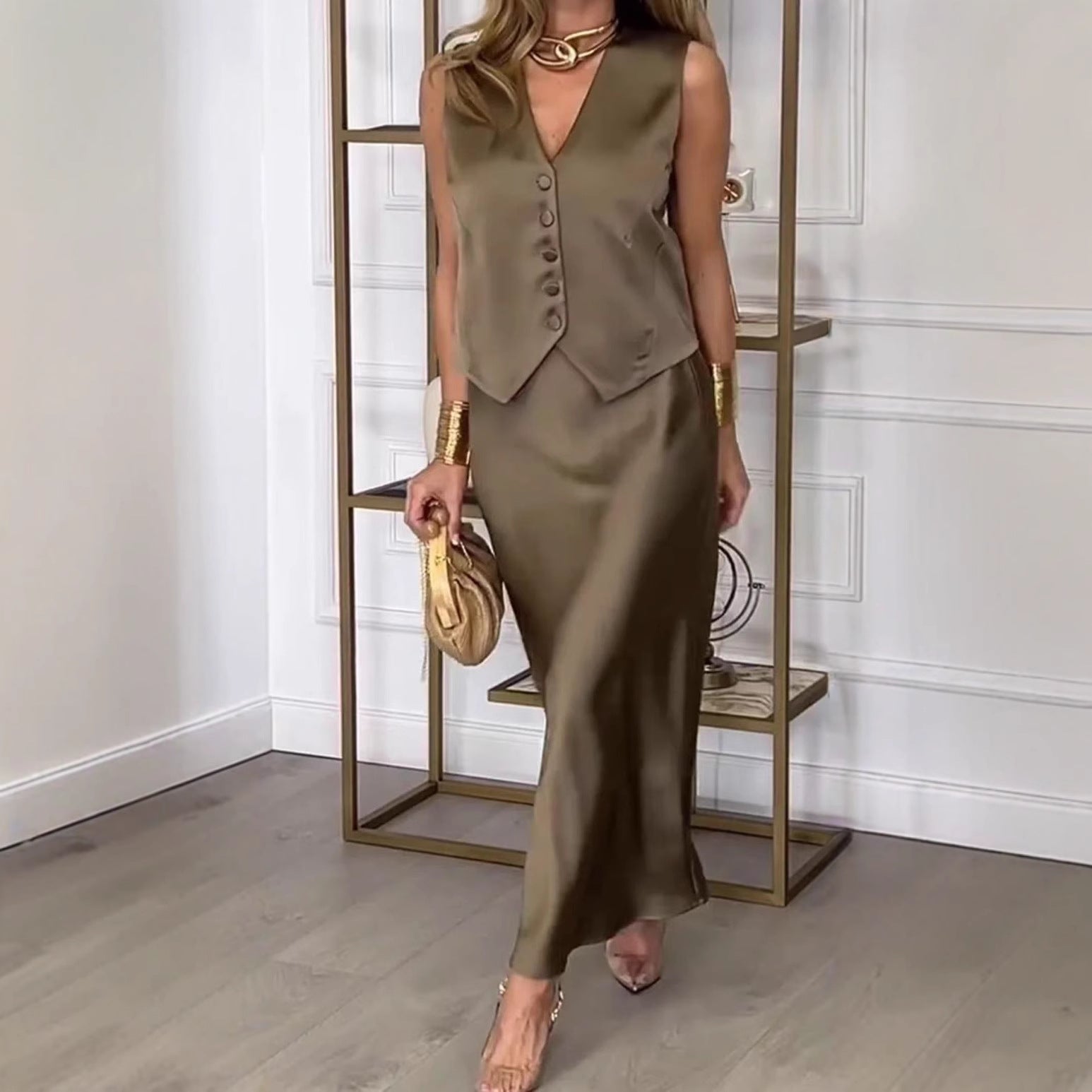 Ensemble Gilet Sans Manches et Jupe Midi Coupe Ajustée Pour Femme | Idéal Pour Occasions et Événements