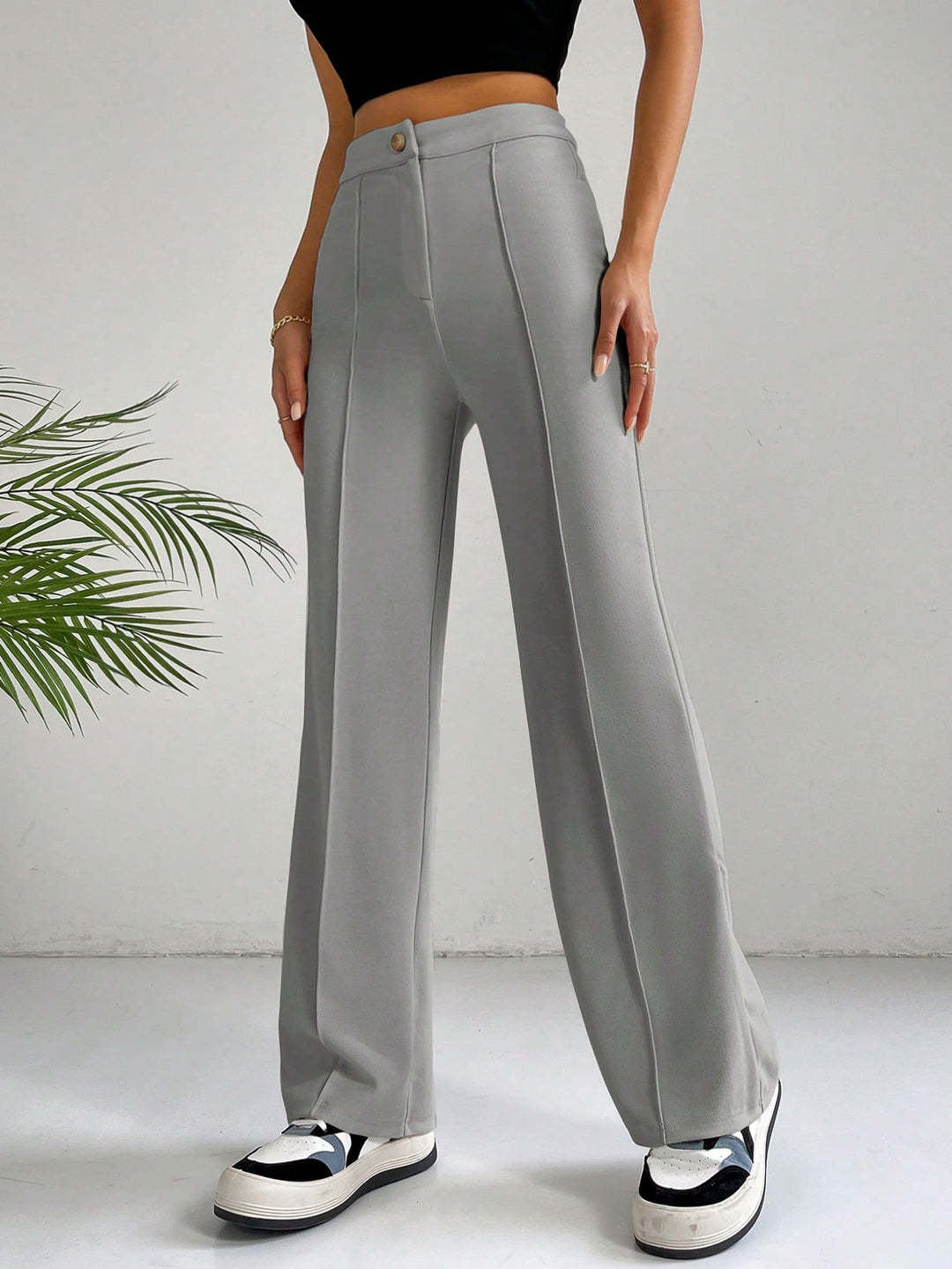 Pantalon Palazzo Femme Taille Haute avec Pli Marqué et Jambes Amples
