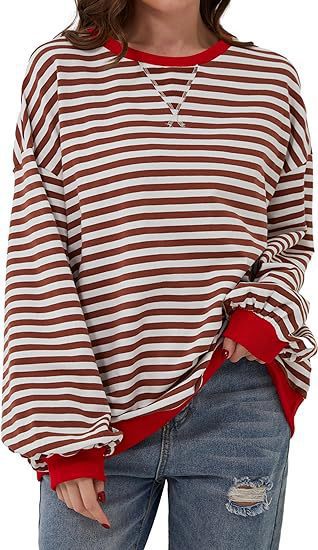 Sweat-shirt à rayures oversize décontracté pour femmes avec manches raglan et bords contrastés Echoarchiv